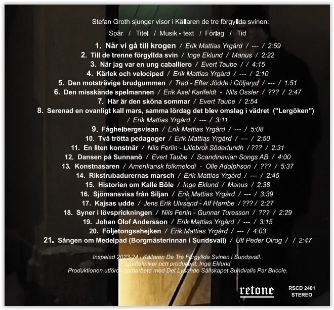 Stefan Groth sjunger visor i Källaren De Tre Förgyllda Svinen i Sundsvall Baksida och spårförteckning av CD skivmärke Retone RSCD2401